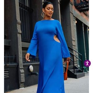 Elegant Blue Cutout Long-Sleeve Maxi Dress